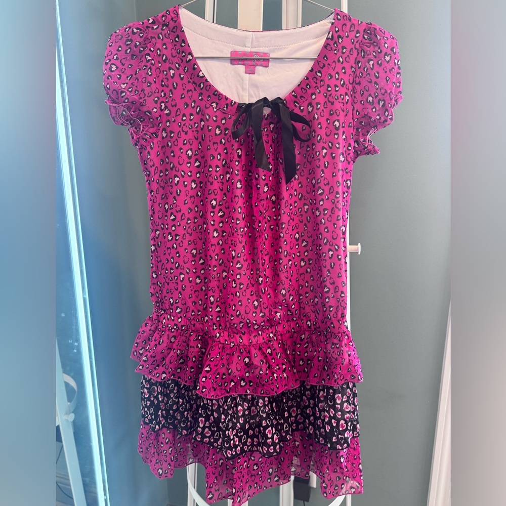New without tag Y2K vintage Pink Leopard Print Dress with Black Ribbon